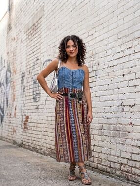 Y2K Multi Stripe Denim Maxi Dress Bohemian Tribal Print Lace Up Bodice